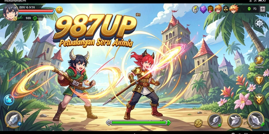 Tampilan gameplay seru dari 987UP dengan karakter anime yang menarik.