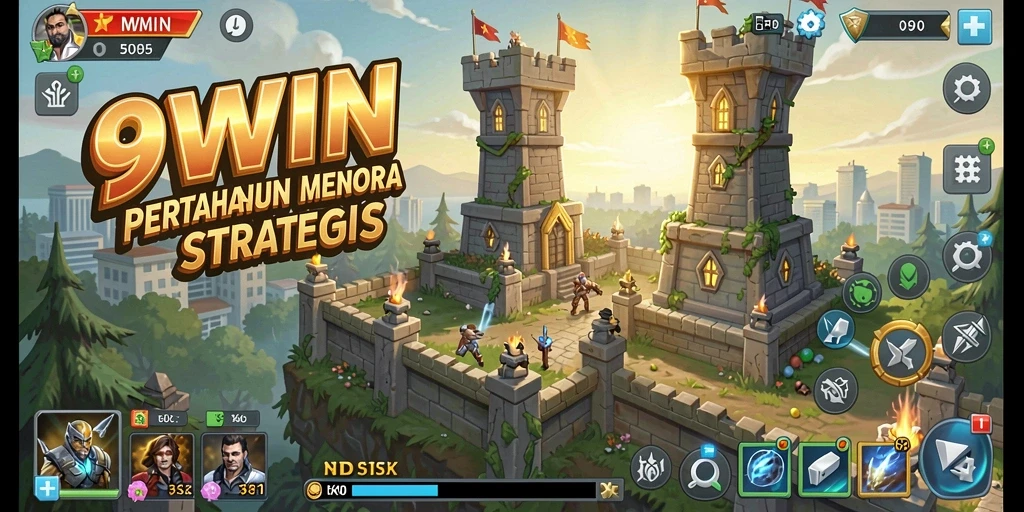 Screenshot gameplay Tower Defense 9WIN dengan menara yang siap bertahan.
