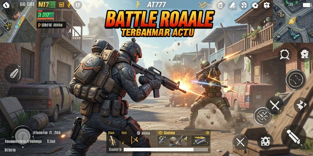 Screenshot gameplay AT777 menampilkan pertempuran seru di arena Battle Royale.