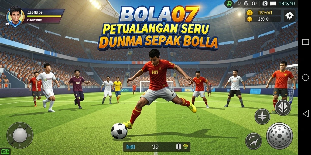Screenshot gameplay BOLA07 menampilkan adegan seru di lapangan sepak bola.