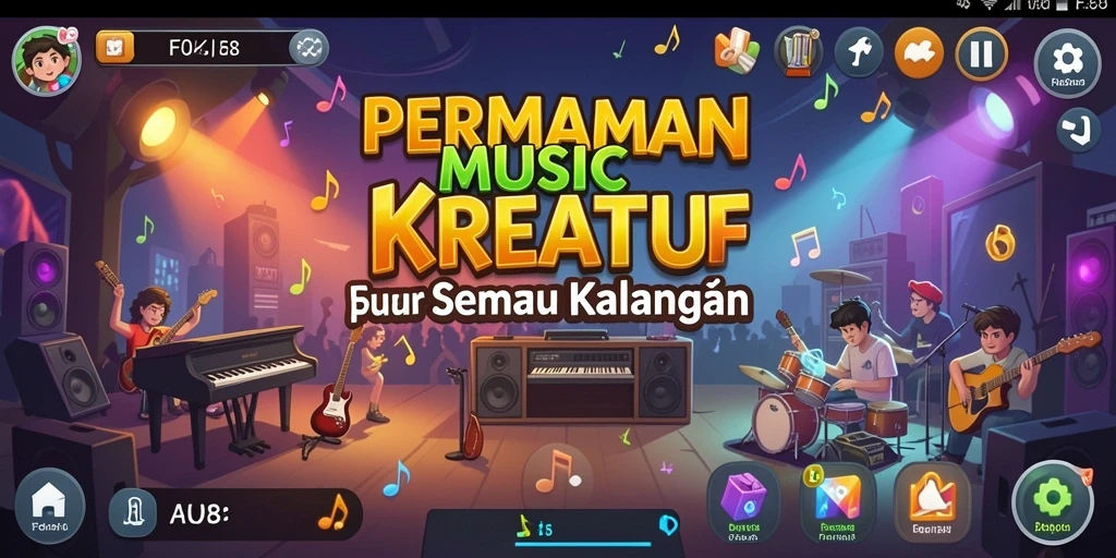 Screenshot gameplay F08 dengan alat musik virtual dan grafik menarik.