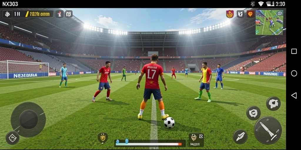 Screenshot NX303 menampilkan aksi seru dari pertandingan sepak bola.