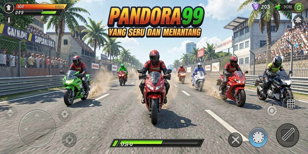 Tampilan gameplay PANDORA99 yang mendebarkan selama balapan motor.