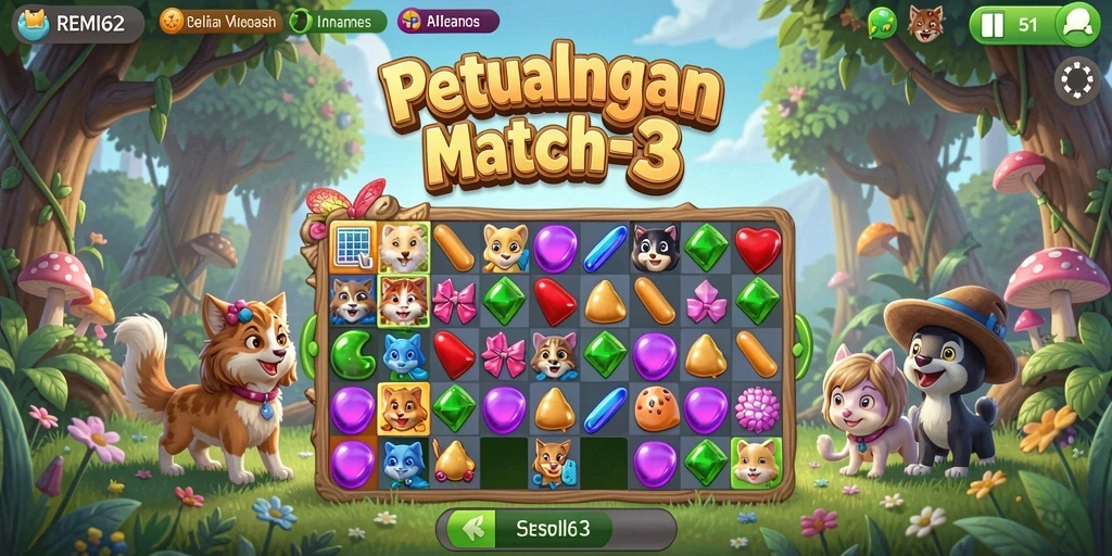 Tampilkan gameplay menakjubkan game Match-3 REMI62 dengan warna cerah dan tantangan seru.