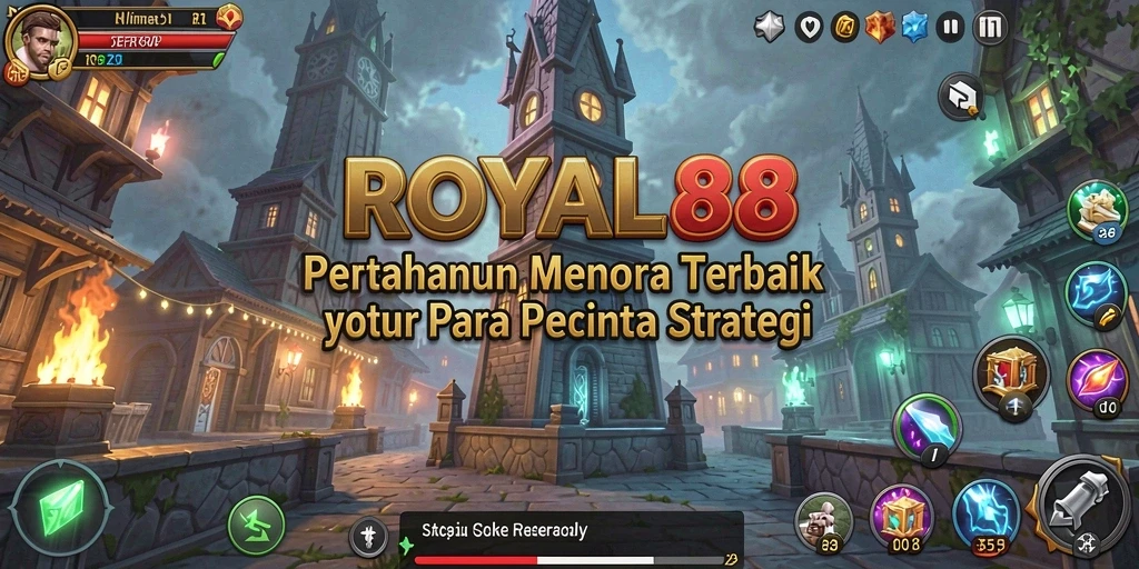 Screenshot gameplay <strong>ROYAL88</strong> yang menunjukkan menara dan strategi bertahan.