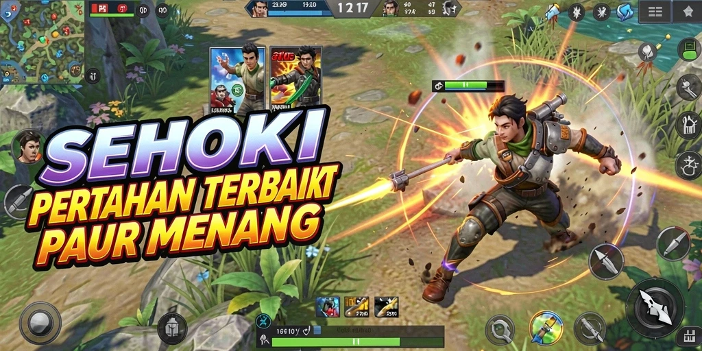 Tampilan menara dan musuh di <strong>SEHOKI</strong> dalam momen aksi yang seru.