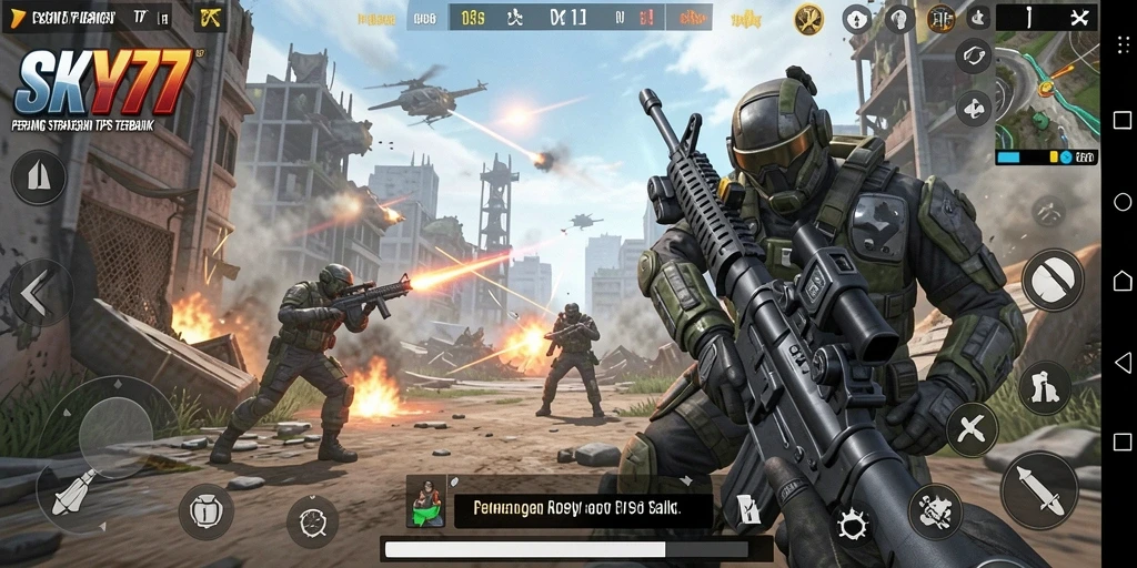 Gameplay mendebarkan dari <strong>SKY77</strong>, menunjukkan aksi tembak-menembak yang intens.