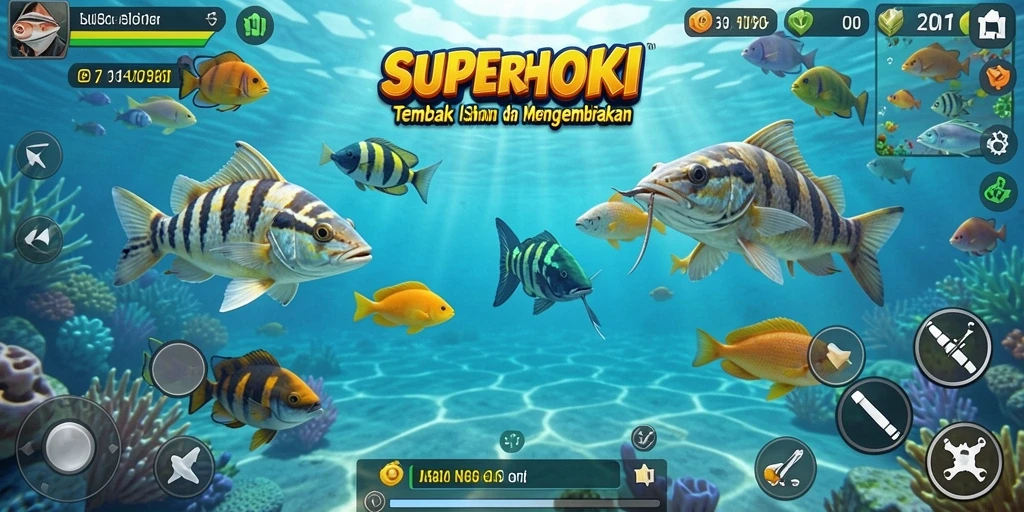 Screenshot gameplay SUPERHOKI menampilkan aksi menembak ikan yang seru.